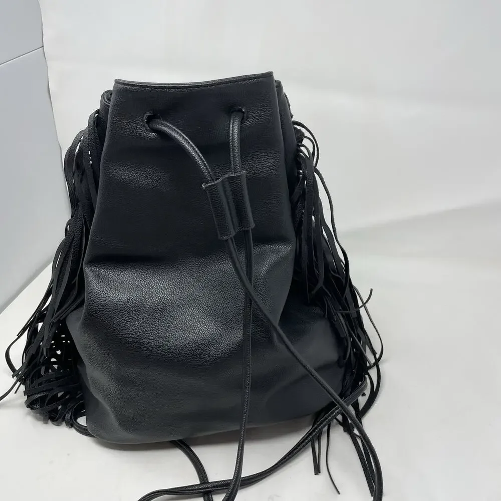 Victorias Secret VS Black Faux Leather Fringe Backpack Bag Boho Drawstring